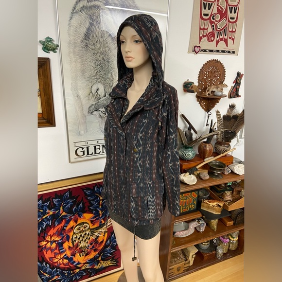 Hooded Cotton Canvas Jacket with Tribal Weave Printed Pattern - Picture 13 of 15